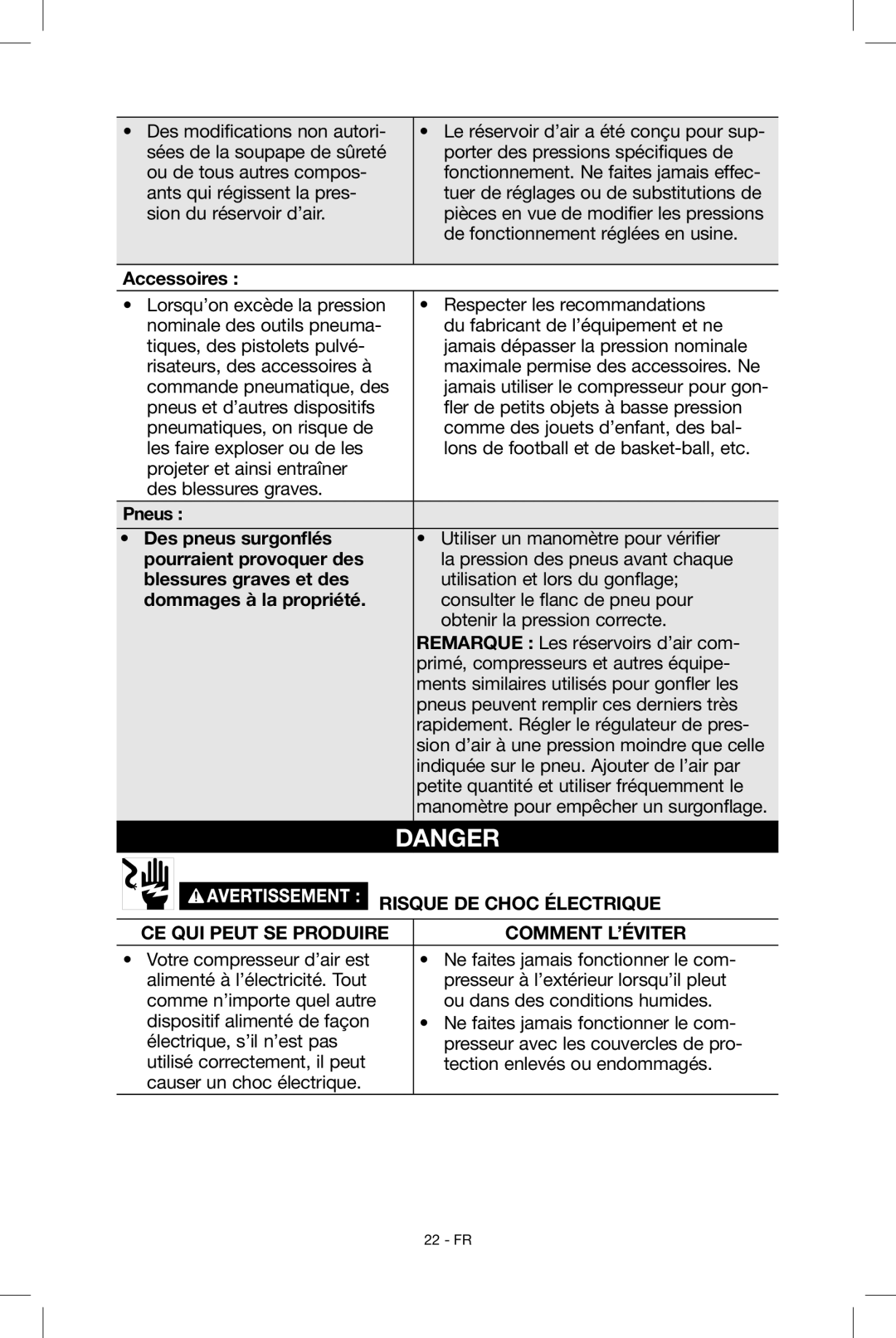 Porter-Cable N034163, C2004 Accessoires , Pneus Des pneus surgonflés, Pourraient provoquer des, Blessures graves et des 